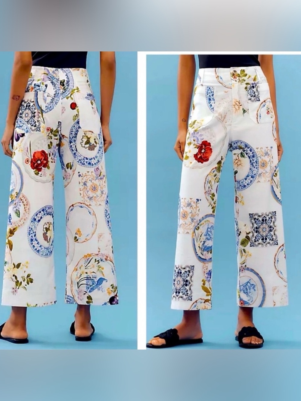 Anthropologie Maeve Colette Floral Porcelain Print Wide-Leg Pants Costal Travel